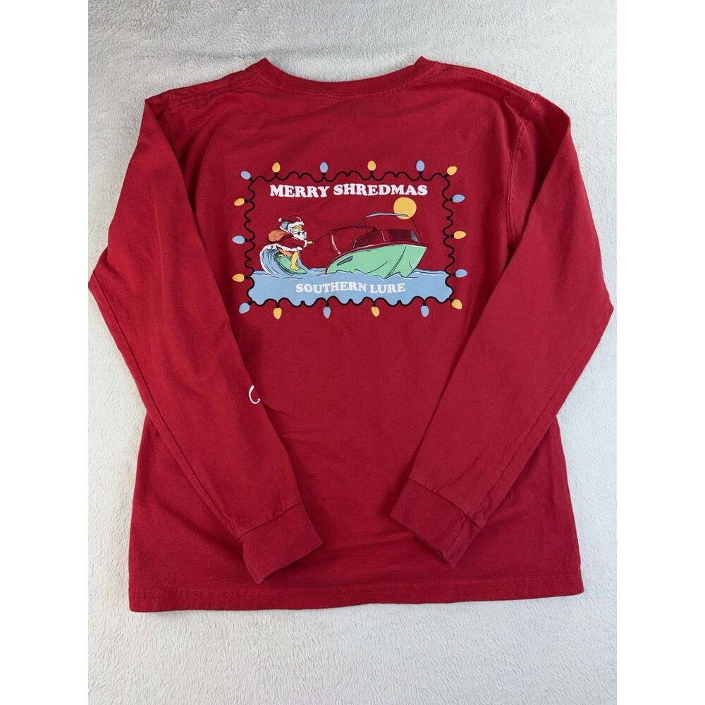 Southern Lure Long Sleeve Red Holiday Shirt Santa Skiing Skis Youth L Christmas